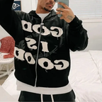 Zip Up Hoodie - God is Good - Oversized Boxy Distressed Letter Patch Sweatshirt