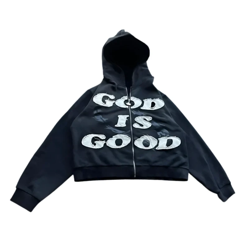 Zip Up Hoodie - God is Good - Oversized Boxy Distressed Letter Patch Sweatshirt