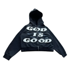 Zip Up Hoodie - God is Good - Oversized Boxy Distressed Letter Patch Sweatshirt