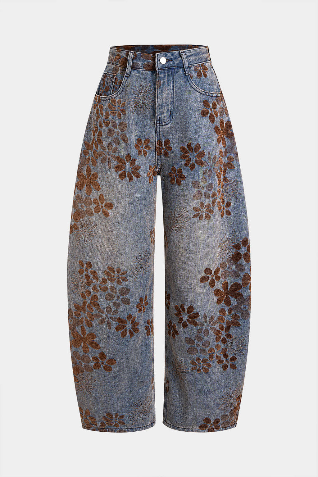 Baggy Jeans Women - Floral Print High Waist Denim-Tithesource-Blue-XS-
