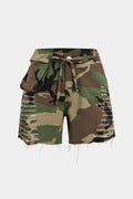 Camo Cargo Shorts Women - Destroyed Camouflage Y2K Shorts-Tithesource-Green-S-